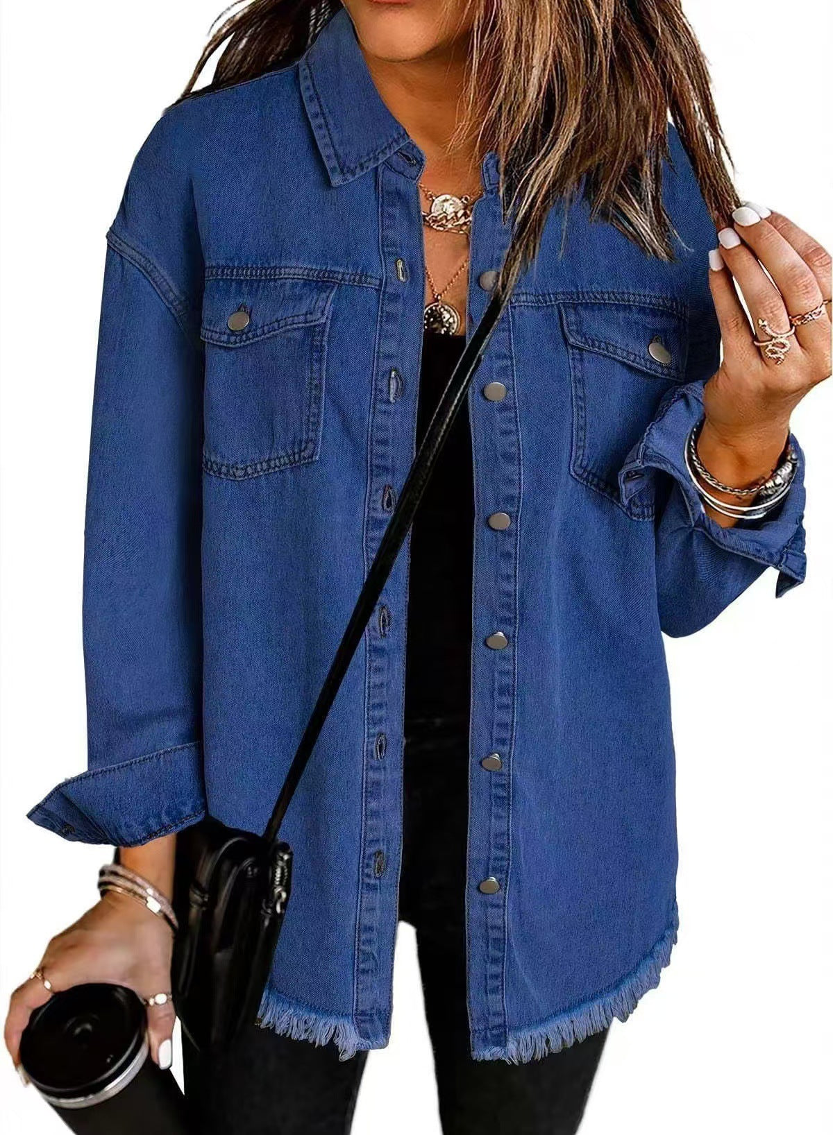 Yara | Zwarte Denim Blousejas met Rafelrand