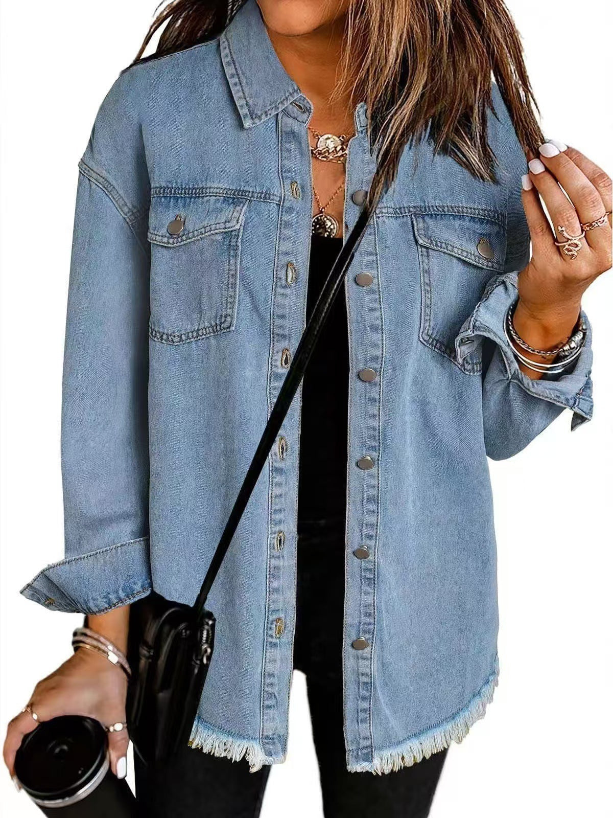 Yara | Zwarte Denim Blousejas met Rafelrand