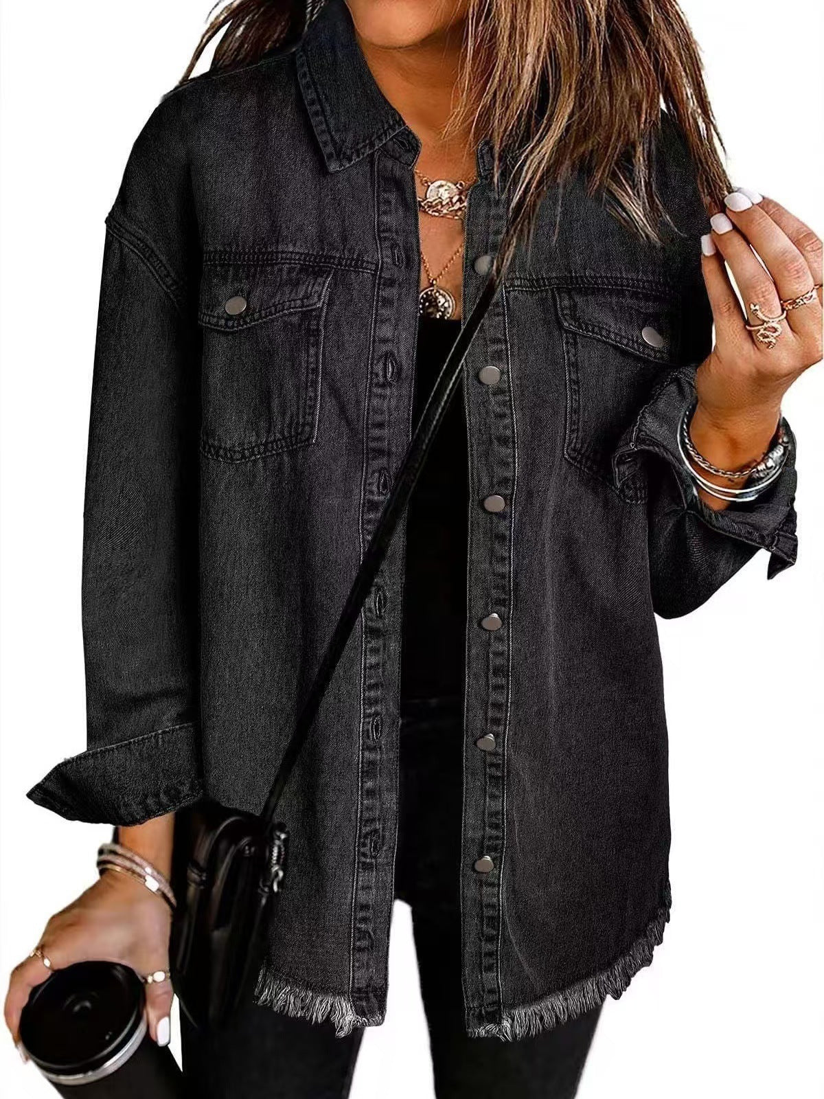 Yara | Zwarte Denim Blousejas met Rafelrand